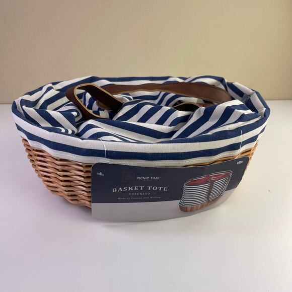 Picnic Time Coronado Canvas and Willow Basket Tote Navy Blue White Striped - Picture 15 of 16